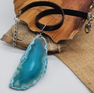 Genuine Black Italian Leather Necklace/Choker Natural Raw Agate Quartz